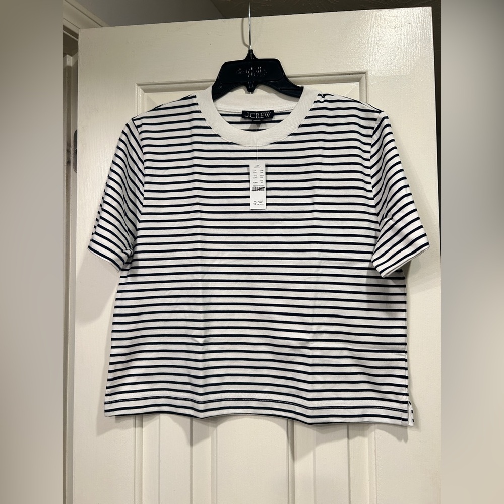 J.Crew Women's Relaxed Premium Weight Cropped TShirt Classic Ivory Stripe XS NWT - Picture 2 of 10